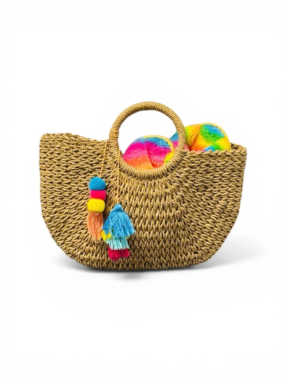 Straw Tote Bag with Rainbow Pom-Pom Tassels - Multicolor